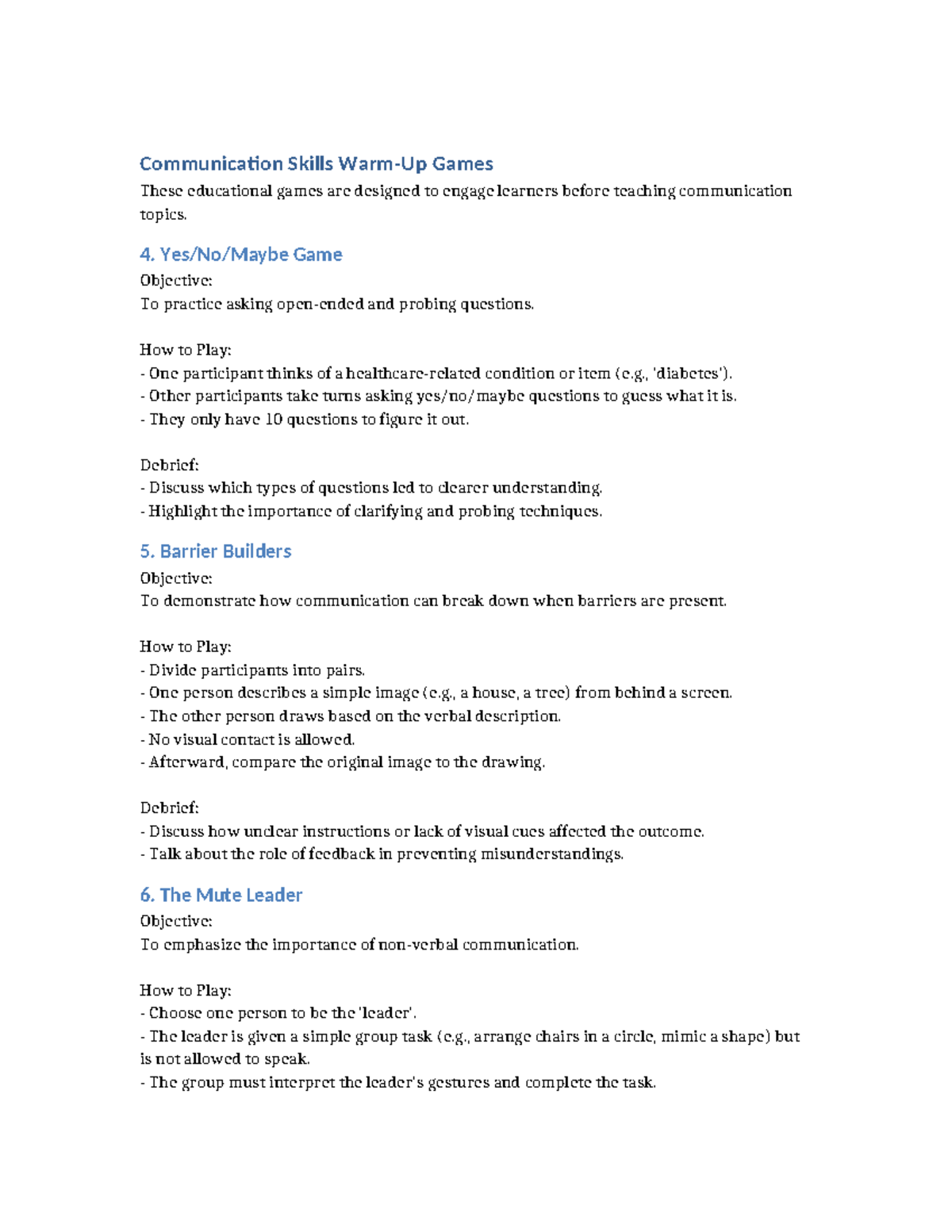 Communication Skills Warm-Up Games for Engaging Learners - Studocu