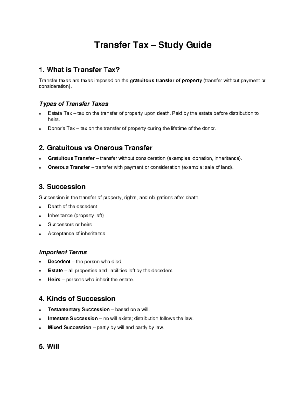 Transfer Tax Study Guide: Key Concepts and Definitions - Studocu
