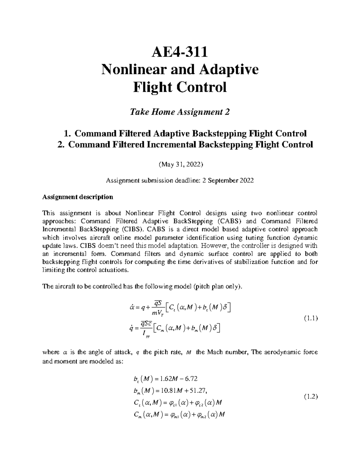 AE4 Nonlinear & Adaptive Flight Control Assignment: 2-Backstepping ...