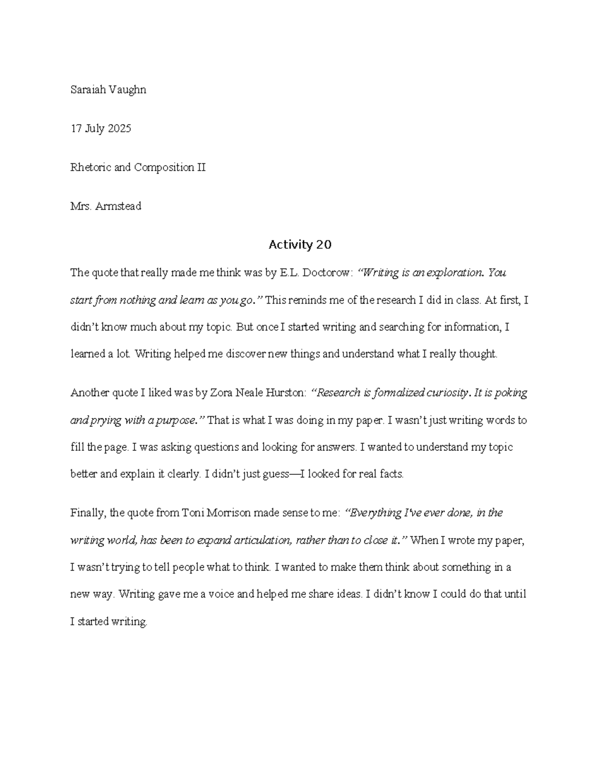 Rhetoric and Composition II Activity 20 Reflection on Writing - Studocu