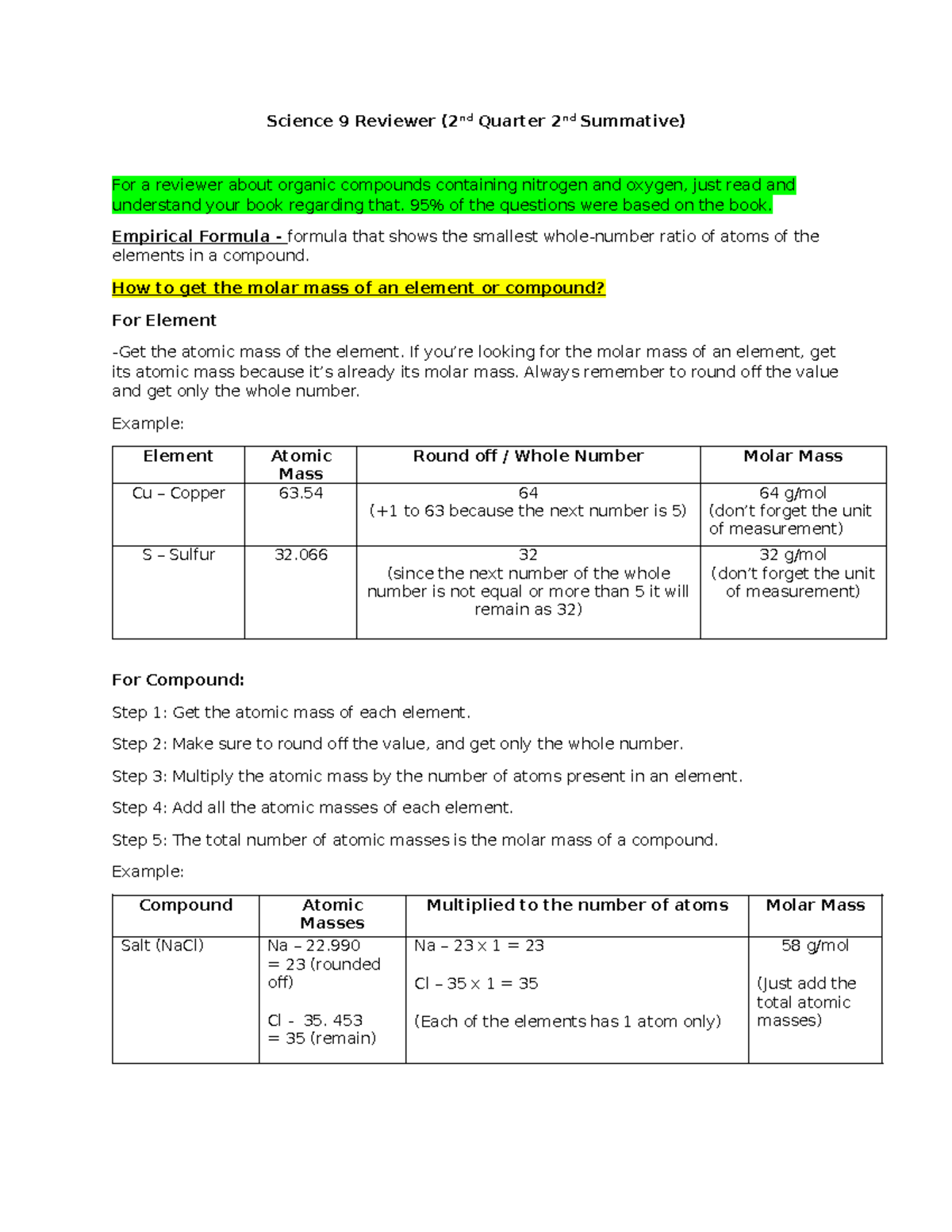 Science 9 Reviewer for 2nd Quarter Summative Exam on Compounds - Studocu