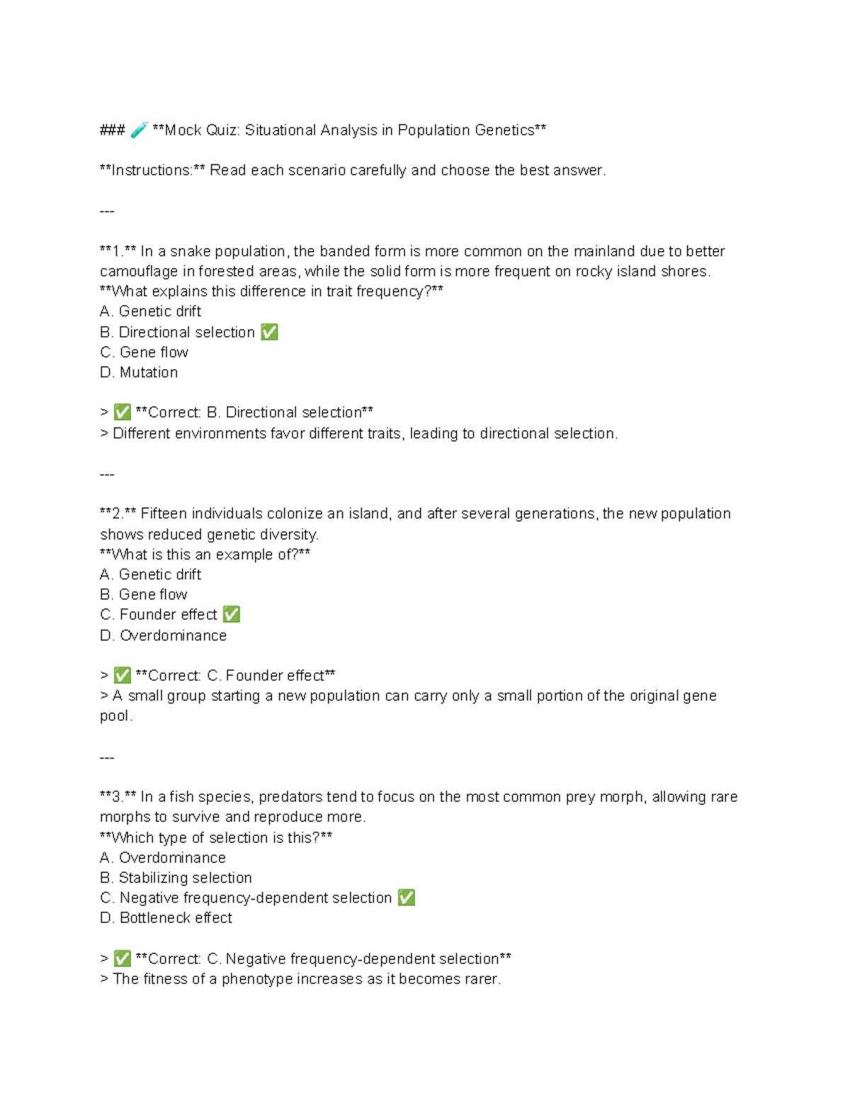 MOCK QUIZ - Genetics: Situational Analysis in Population Dynamics - Studocu