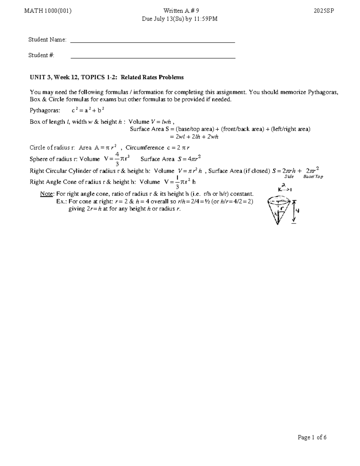 MATH M1000 A - Unit 3 Related Rates Problems Practice - Studocu