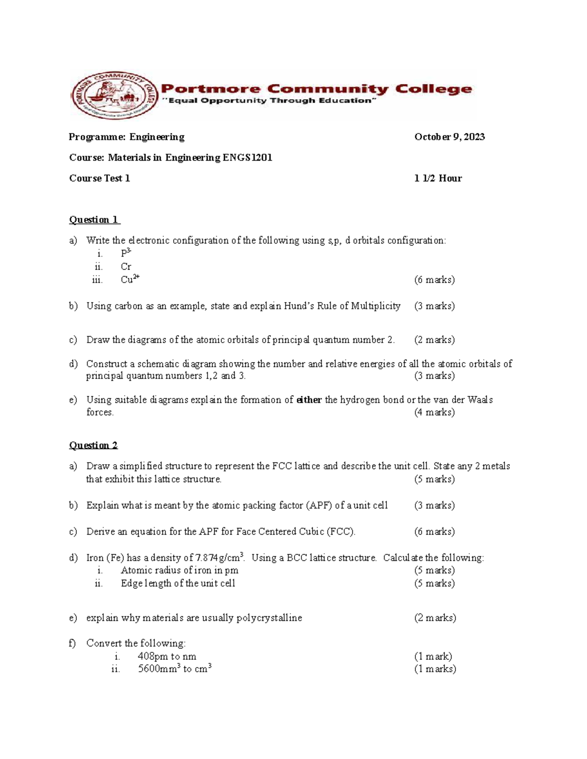 Materials Test1 - Programme: Engineering October 9, 2023 Course ...