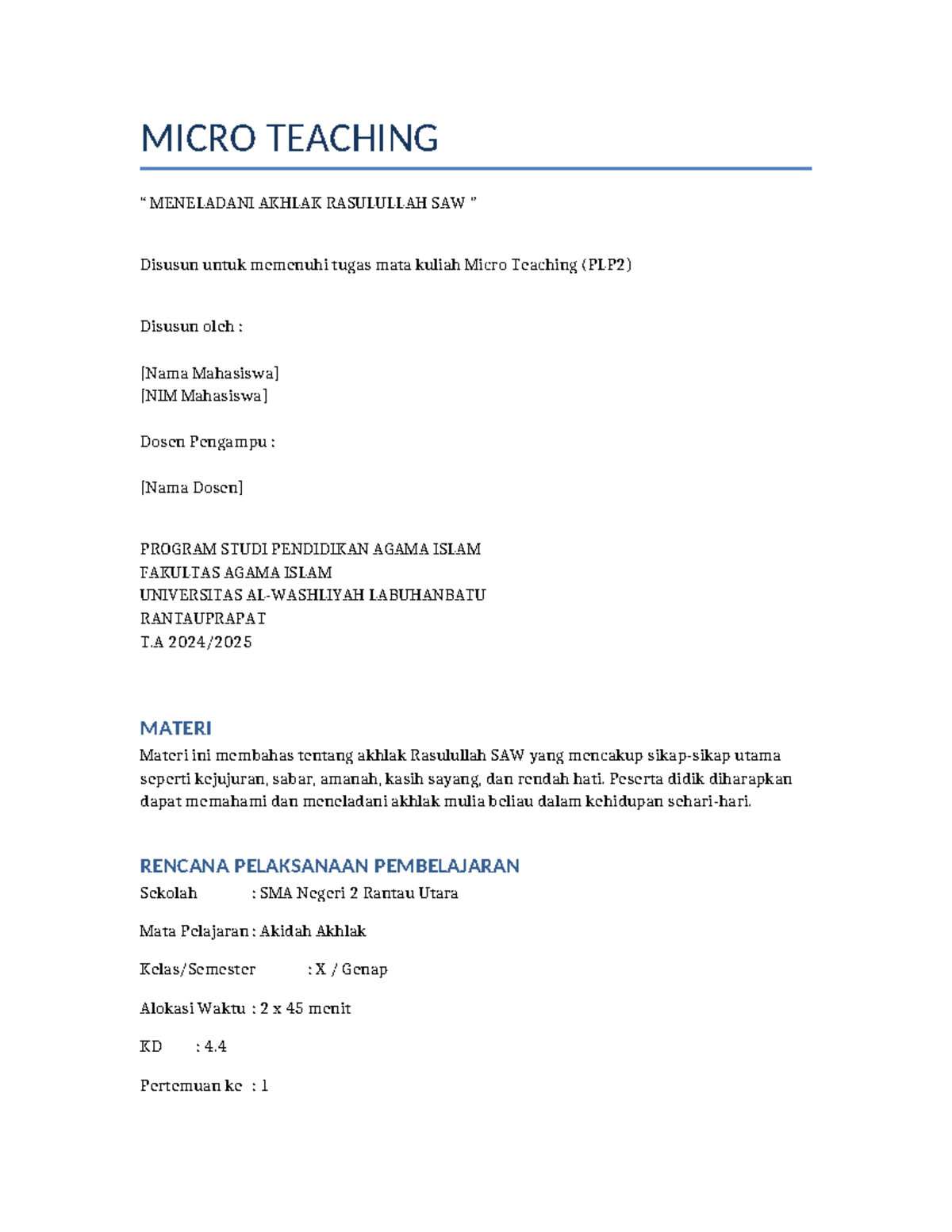 RPP Microteaching Akhlak Rasulullah SAW - PLP2 T2024 - Studocu