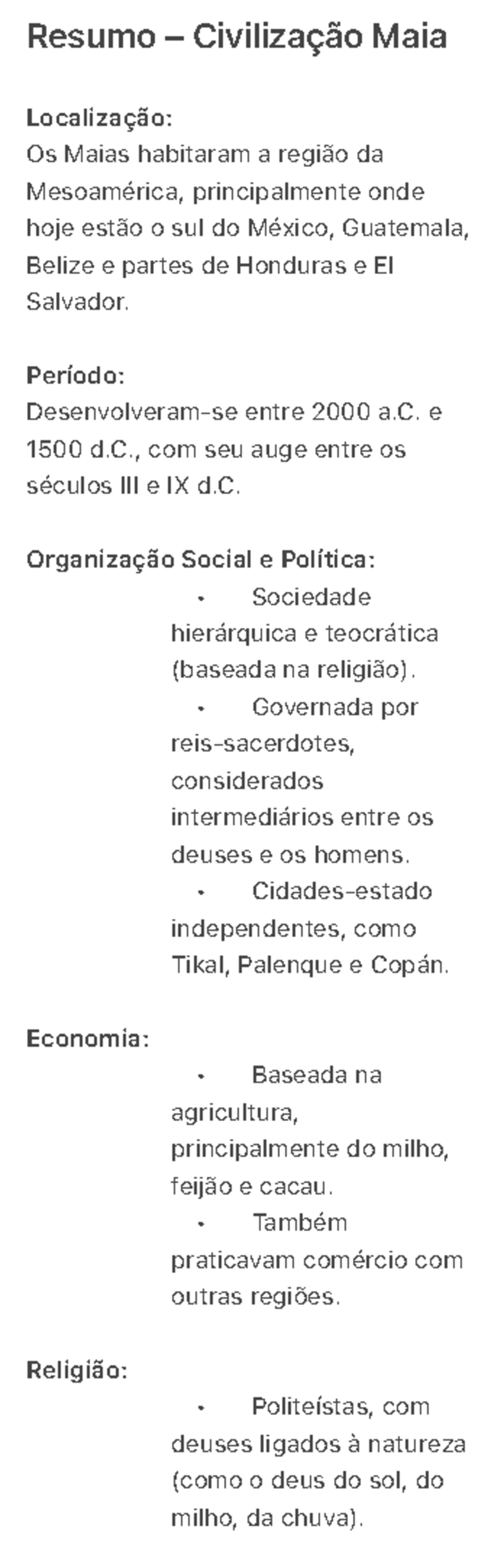 Resumo – Civilização Maia: História, Sociedade e Economia - Studocu