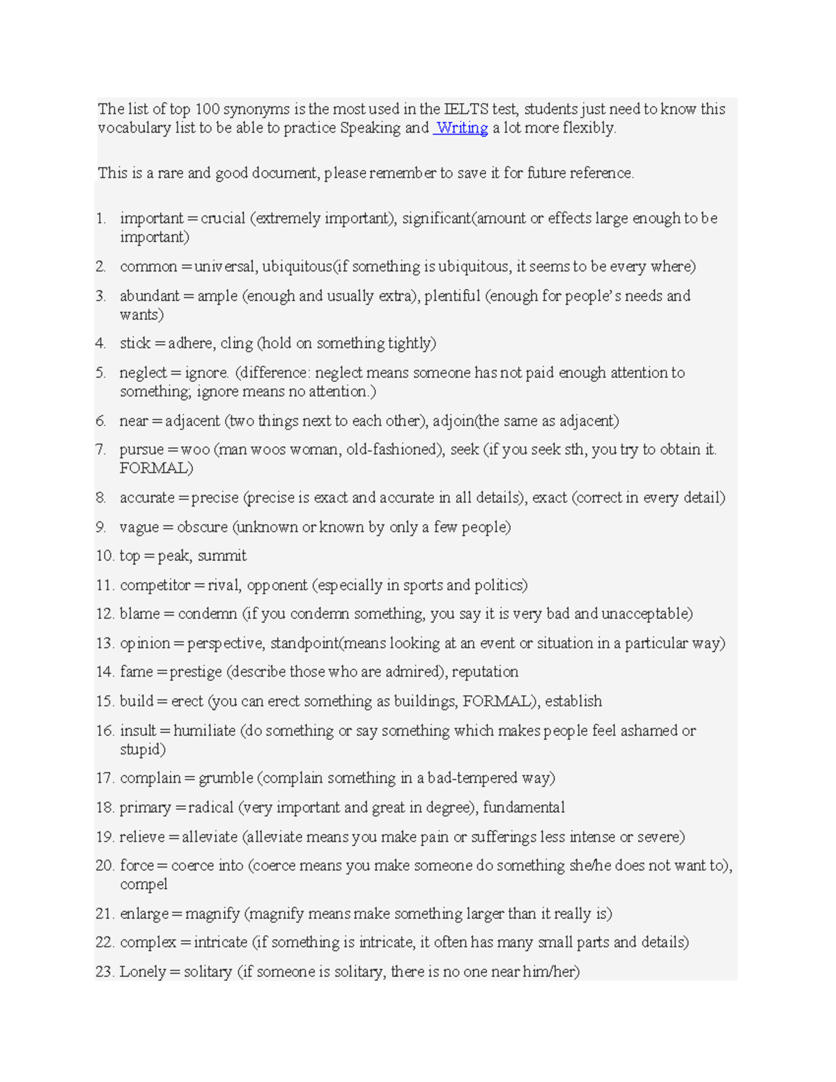 IELTS Vocabulary: Top 100 Synonyms for Speaking & Writing Skills - Studocu