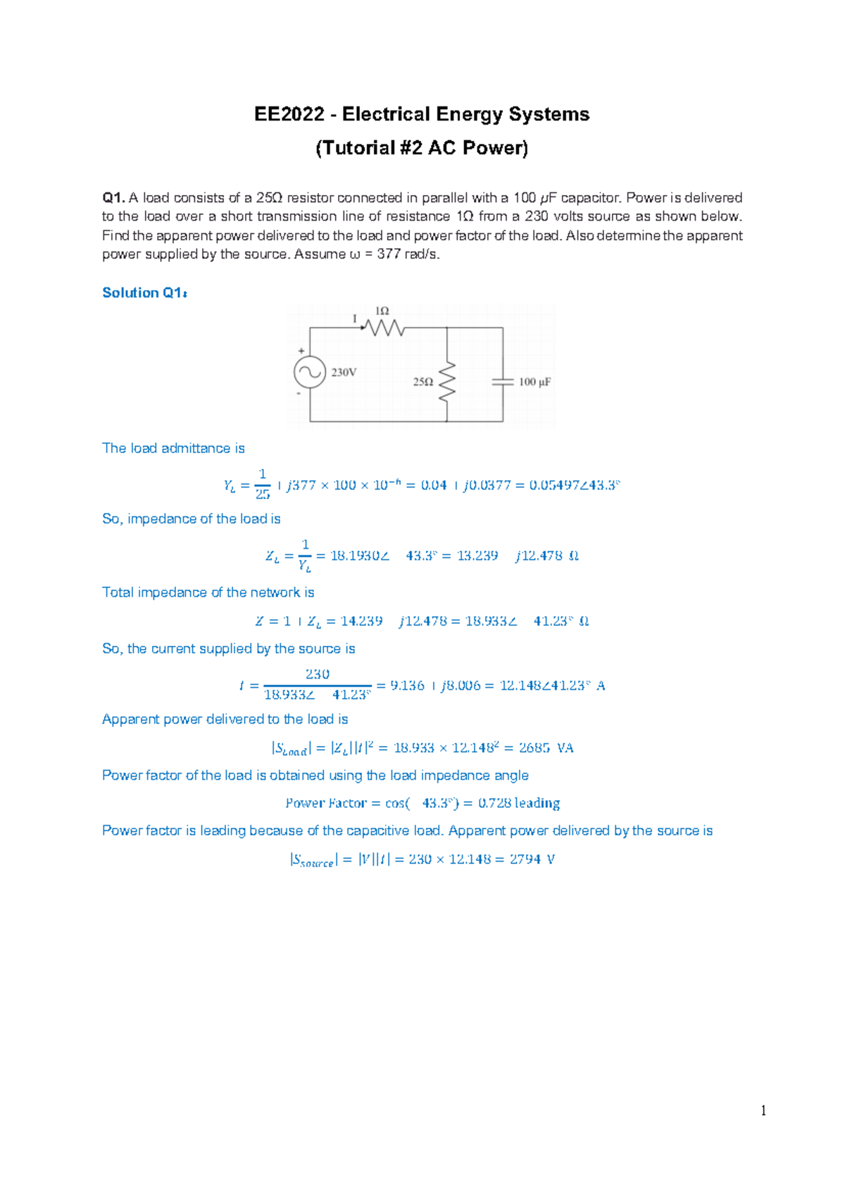 EE2022 - AC Power Tutorial 2 Solutions and Analysis - Studocu
