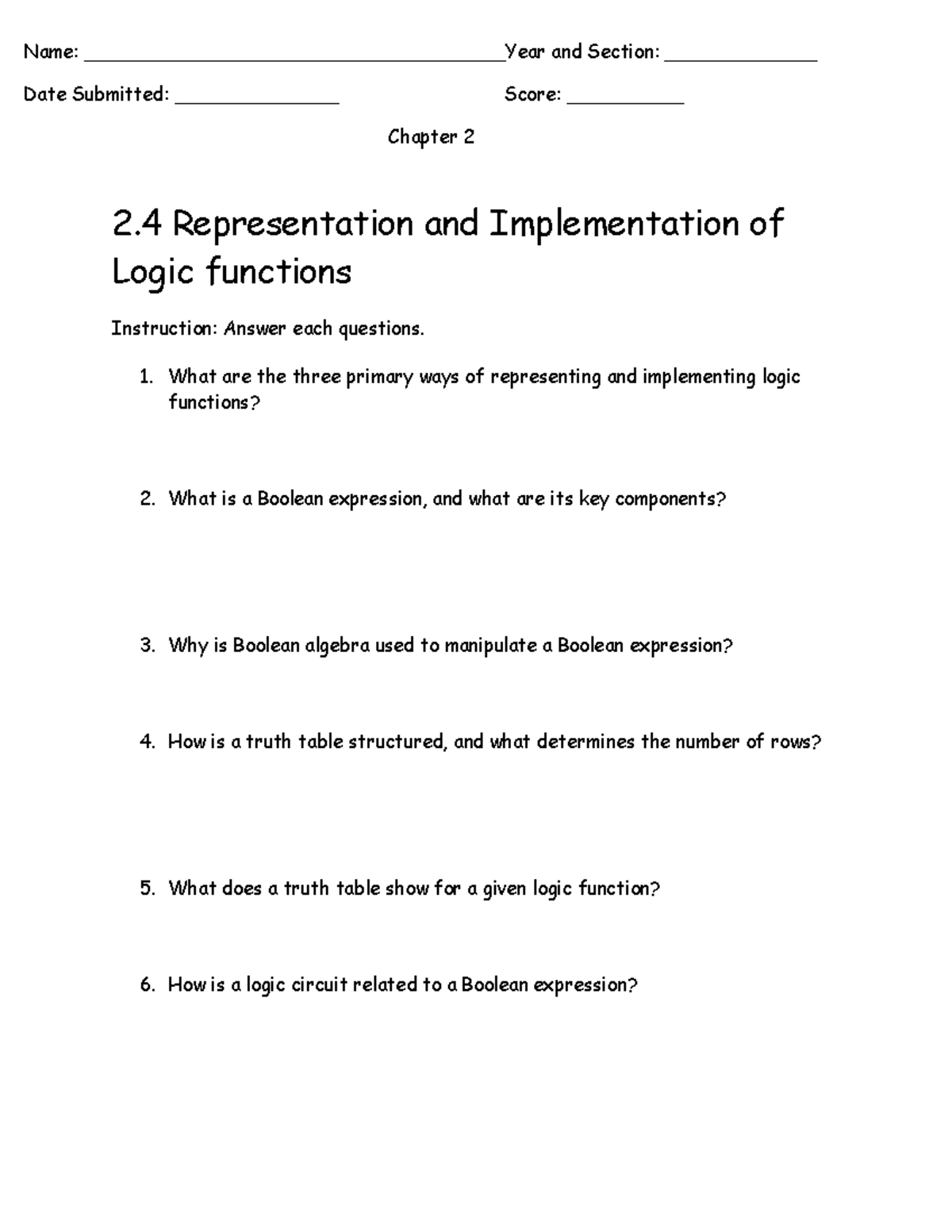 Chapter 2.4: Representation & Implementation of Logic Functions - Studocu