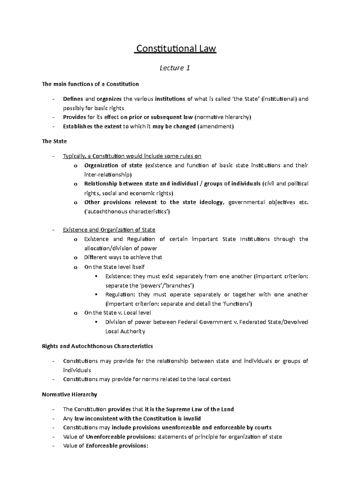Constitutional Law Lecture Notes - Constitutional Law Lecture 1 The ...
