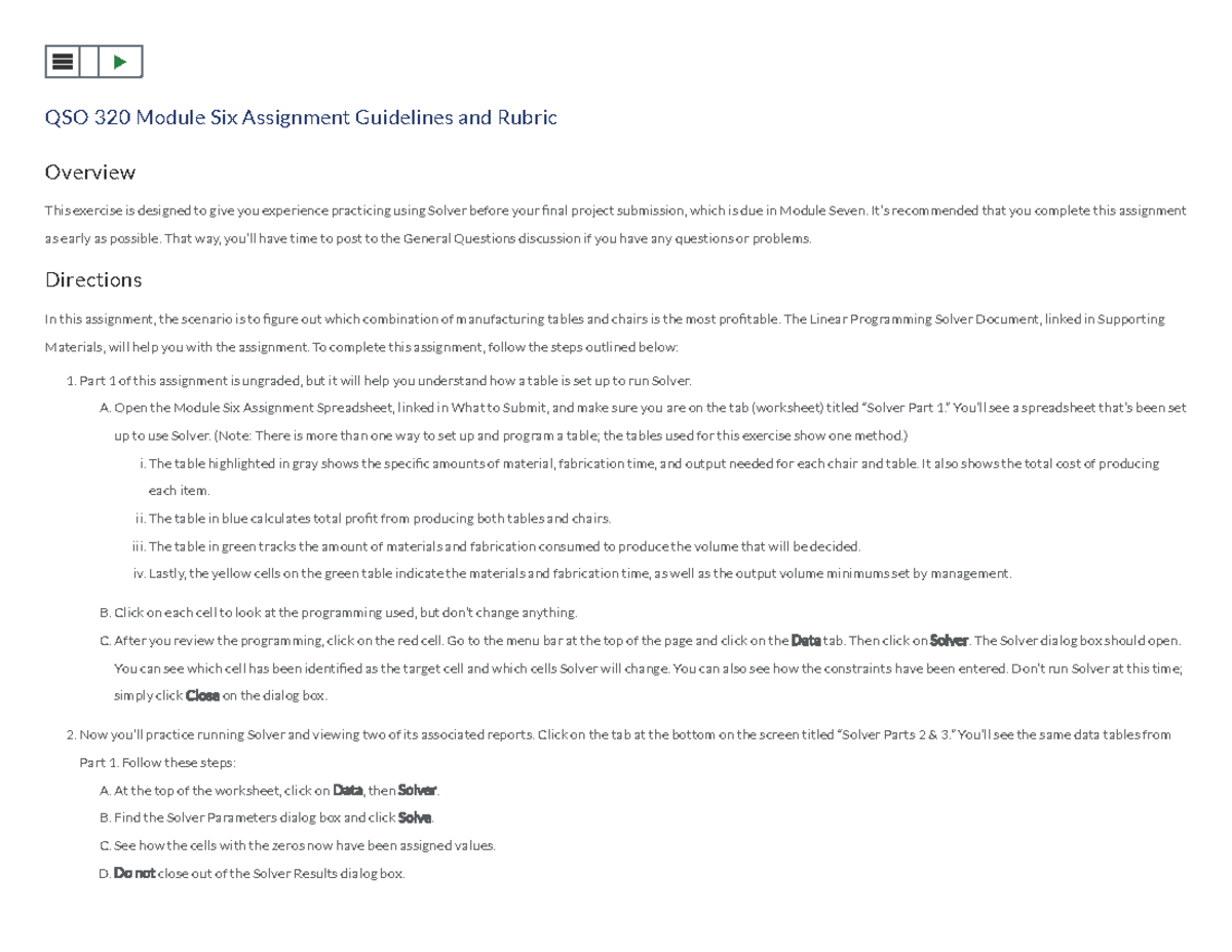 QSO 320 Module Six Assignment: Solver Practice Guidelines and Rubric ...