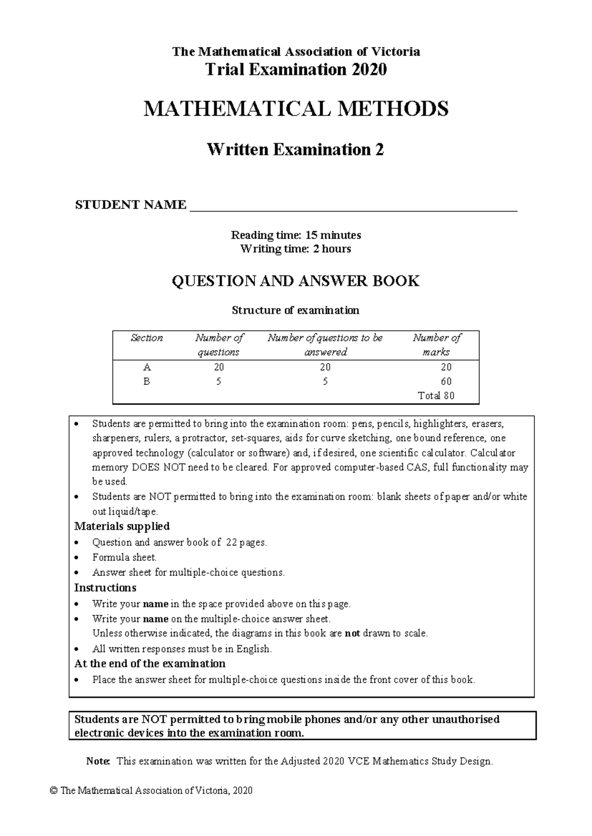 MATHEMATICAL METHODS (MMAT2020) - Trial Exam 2 Practice Questions - Studocu