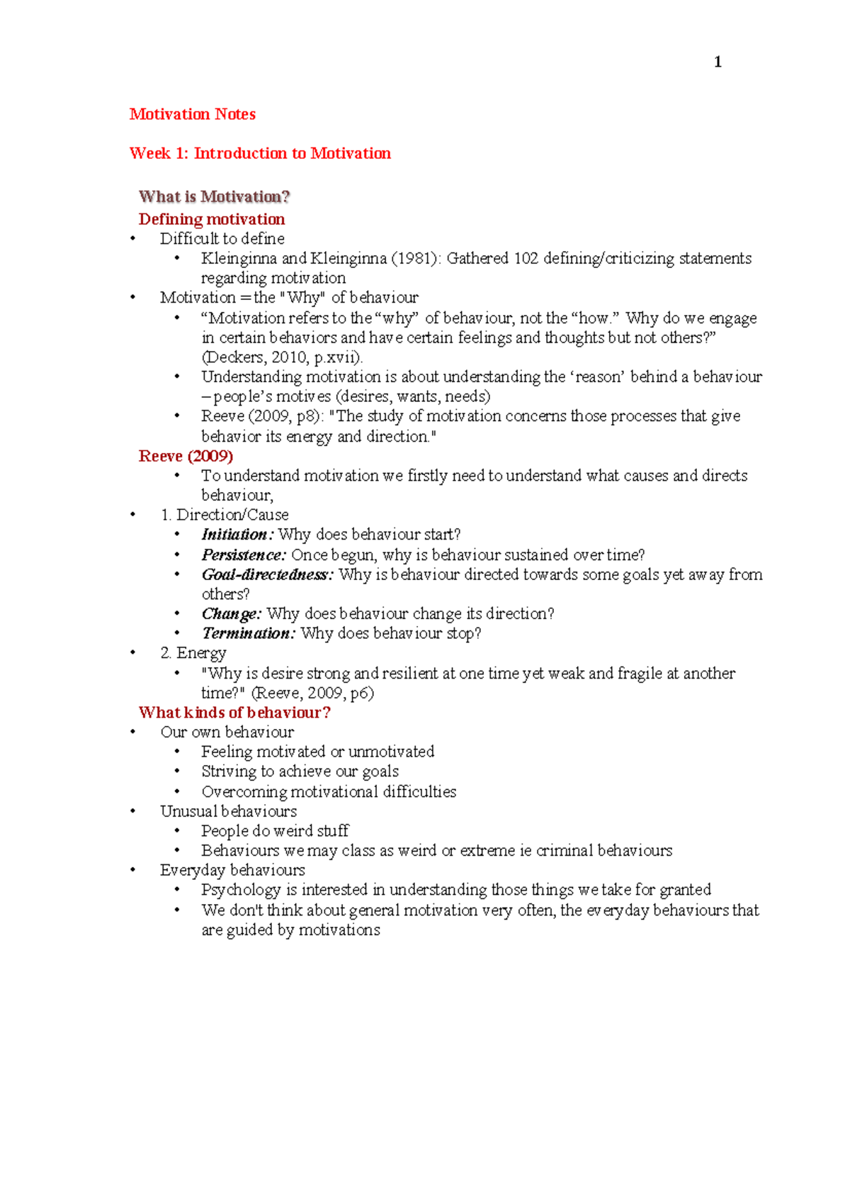 Motivation and Emotion (PSY 101) - Summary Notes for Week 1-2 - Studocu