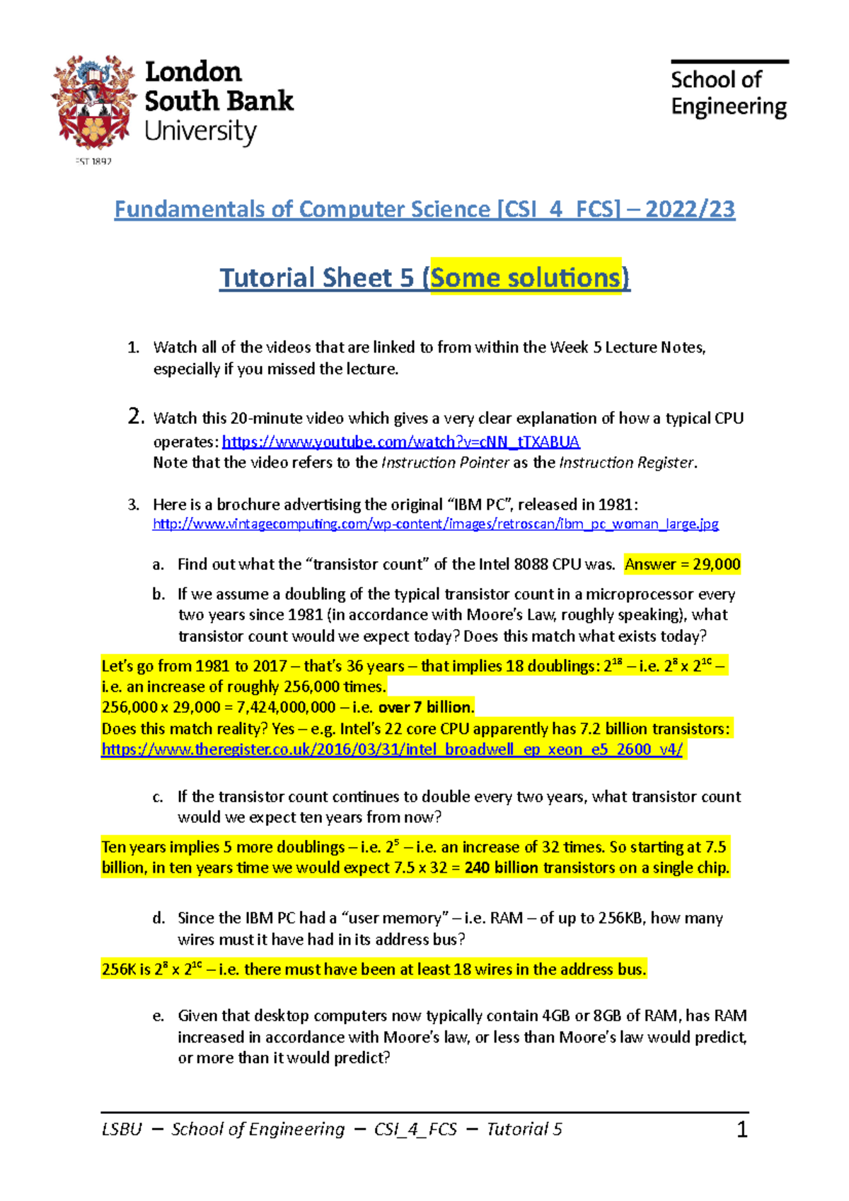 CSI_4_FCS Tutorial 5 Solutions: Microprocessor Fundamentals - Studocu