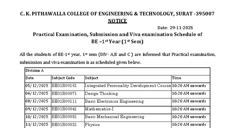 BE 1st Sem Practical Exam & Viva Schedule - CKPCET - Studocu