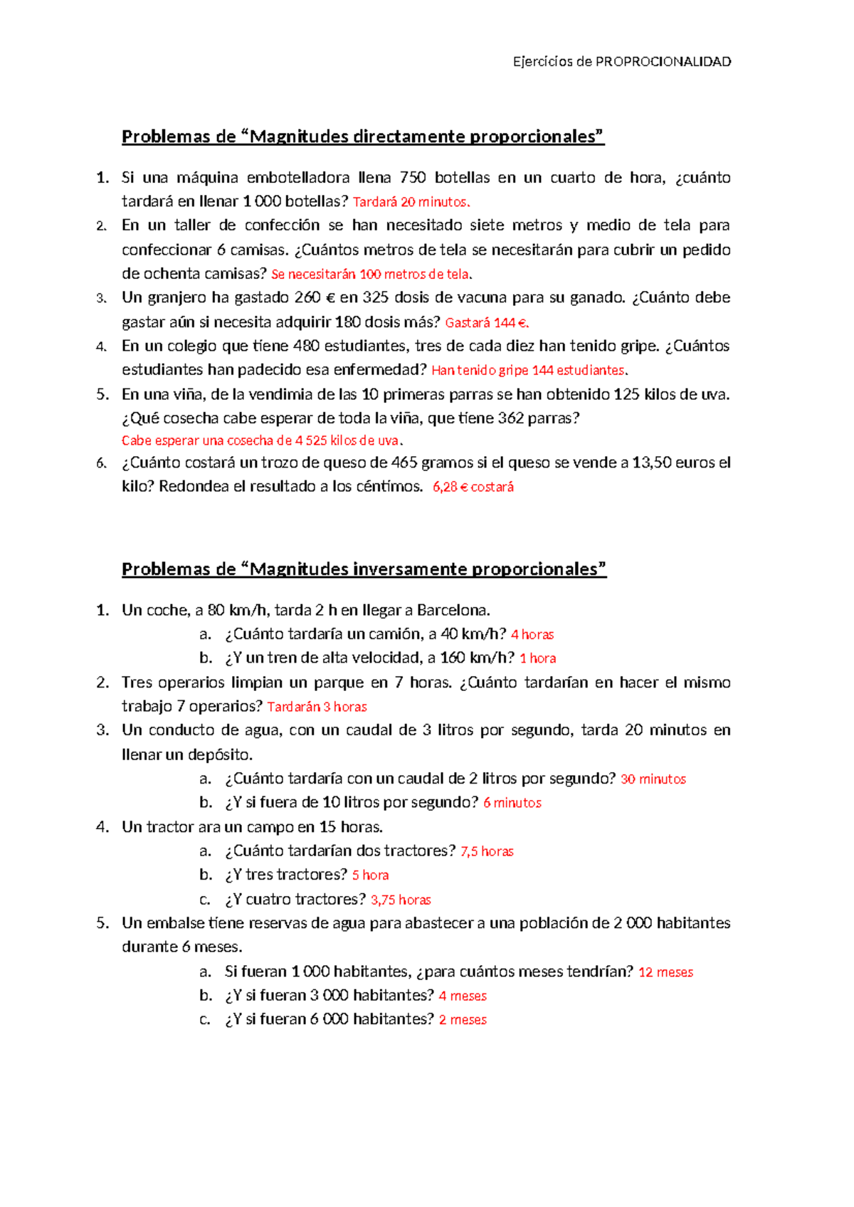Ejercicios de Proporcionalidad: Problemas Directos e Inversos - Studocu