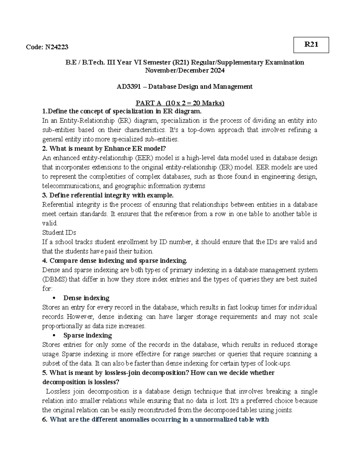 AD3391 - Database Design & Management Question Bank (Nov/Dec 2024 ...