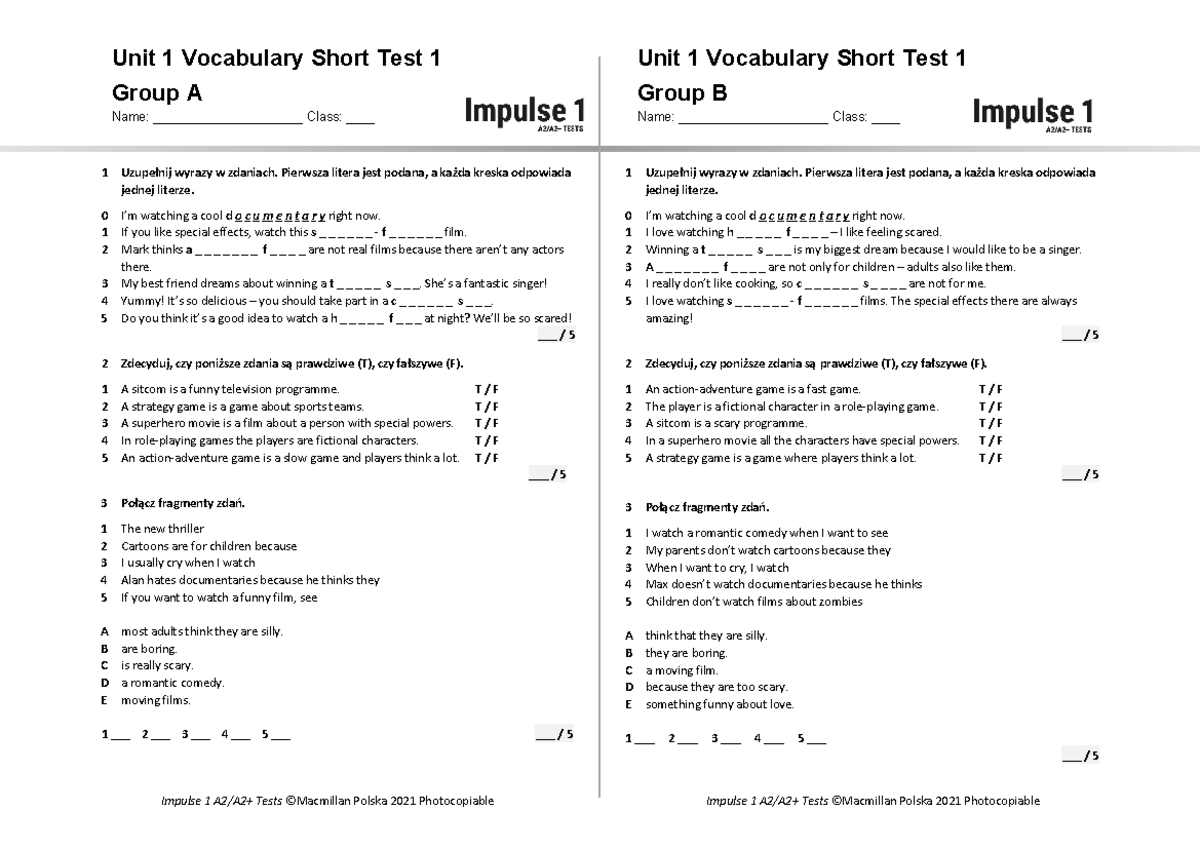 Unit 1 Vocabulary Short Test 1: Groups A & B - Studocu