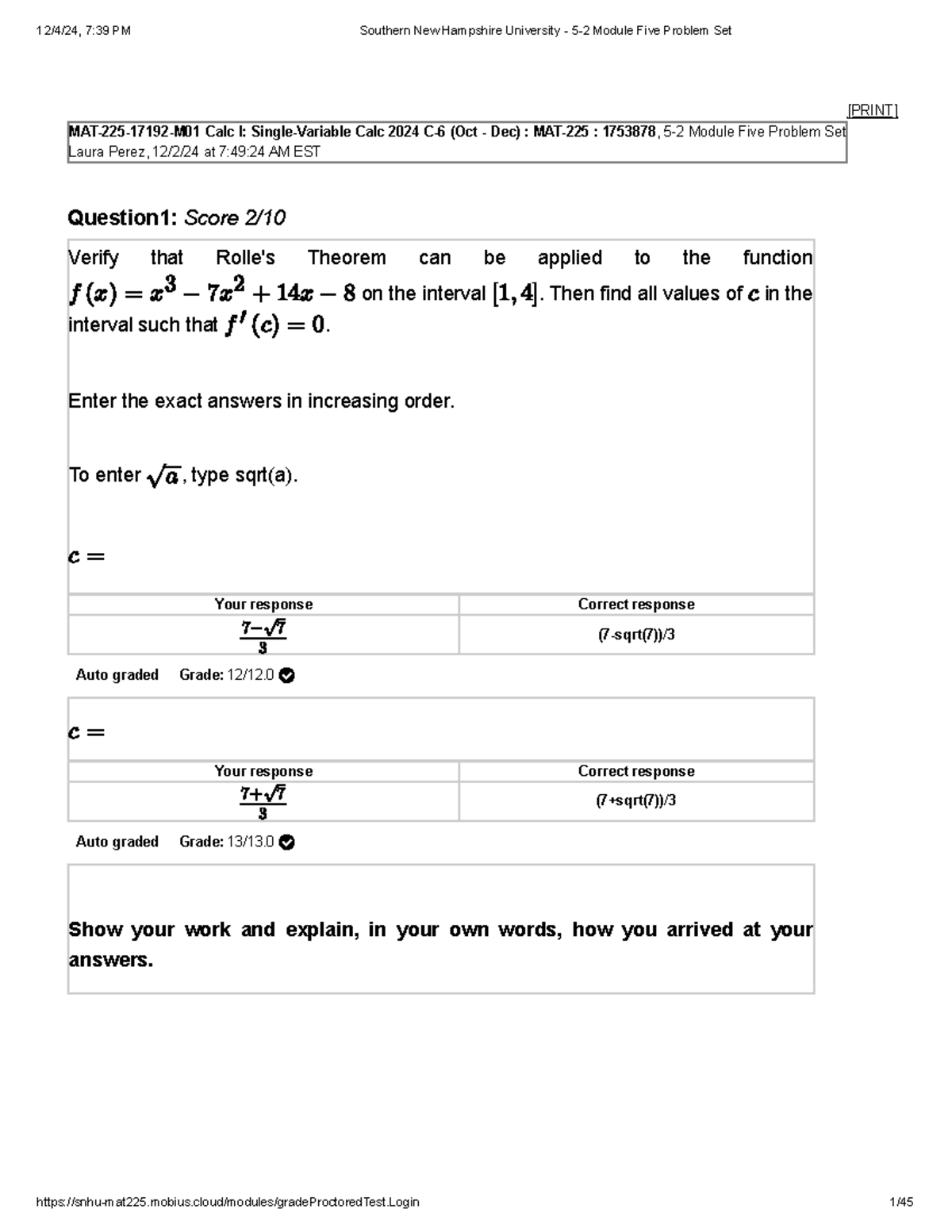 MAT-225 Module 5 Problem Set: Applying Rolle's Theorem & Analysis - Studocu