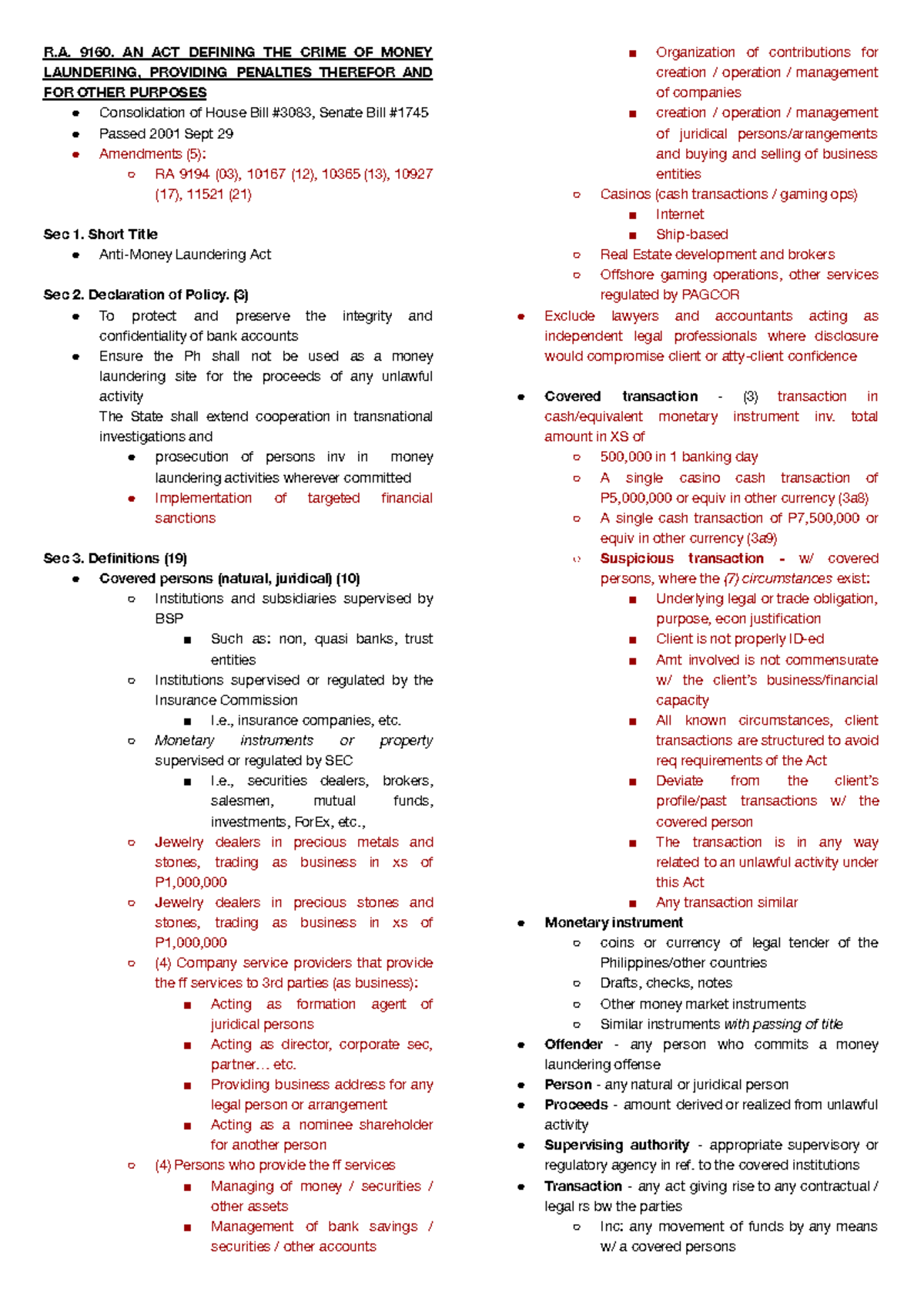 Ra 9160 - AMLA - R. 9160. AN ACT DEFINING THE CRIME OF MONEY LAUNDERING ...