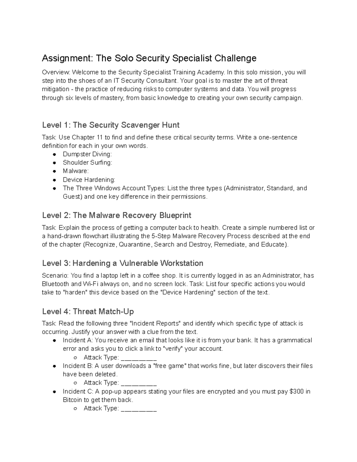 ITF+ Ch11: Solo Security Specialist Challenge Overview - Studocu