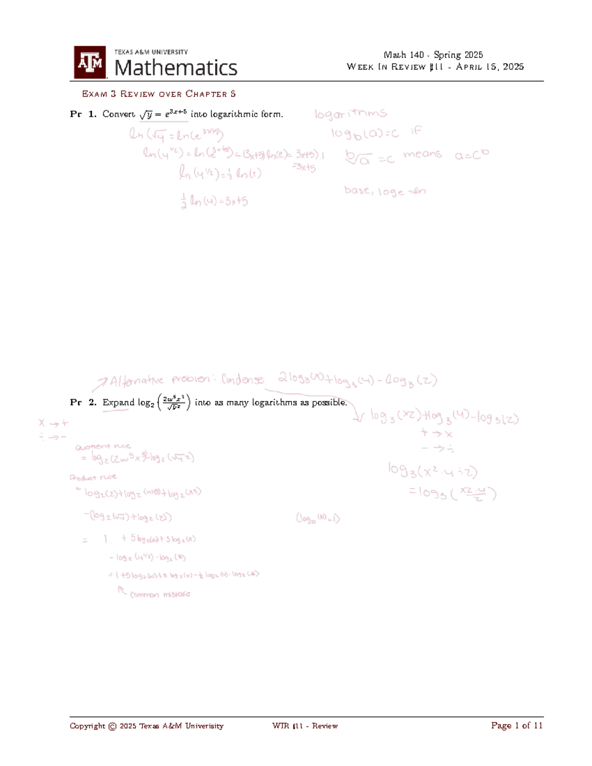 Math 140 - Spring 2025: Week 11 Exam 3 Review for Chapter 5 Concepts ...