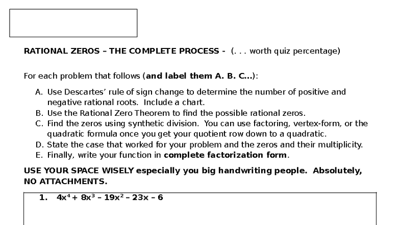 Rational Zeros - Complete Process for Quiz Preparation - Studocu