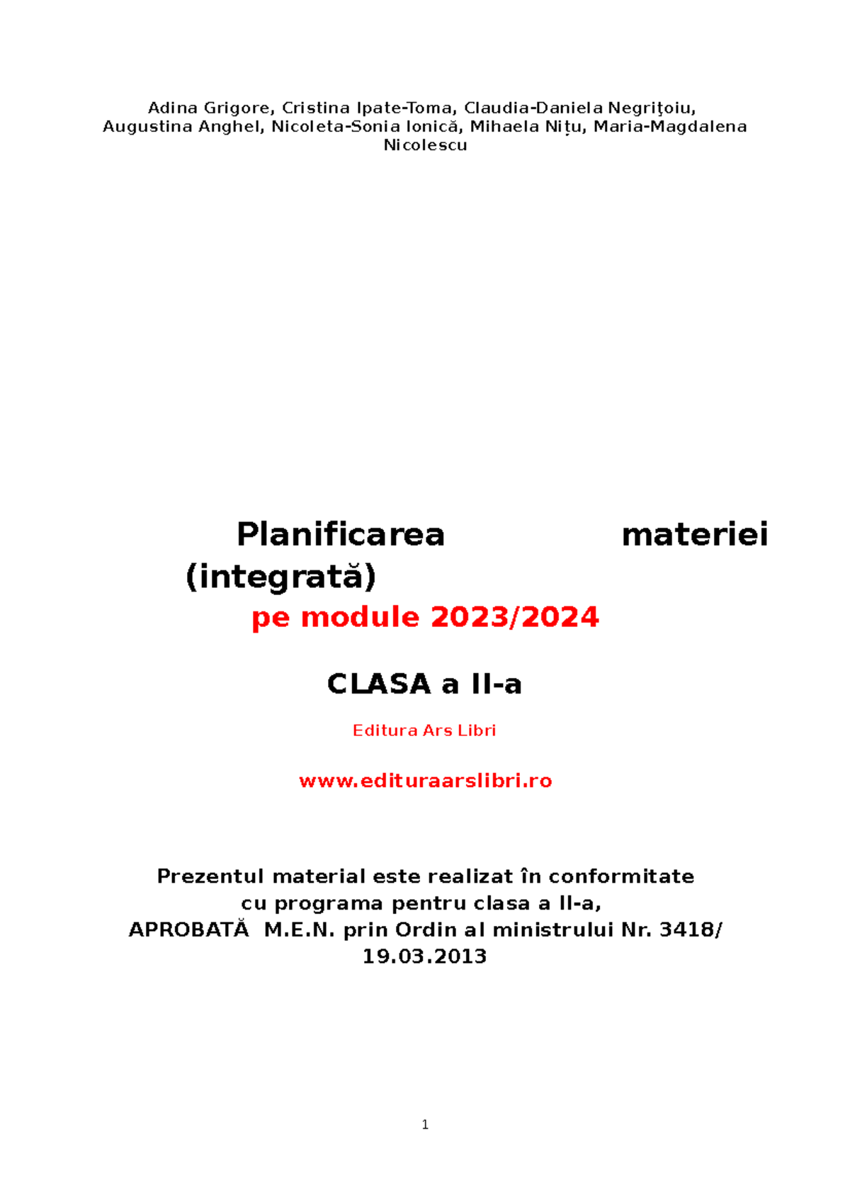 Planificarea pe Module pentru Clasa a II-a - Ars Libri 2023-2024 - Studocu