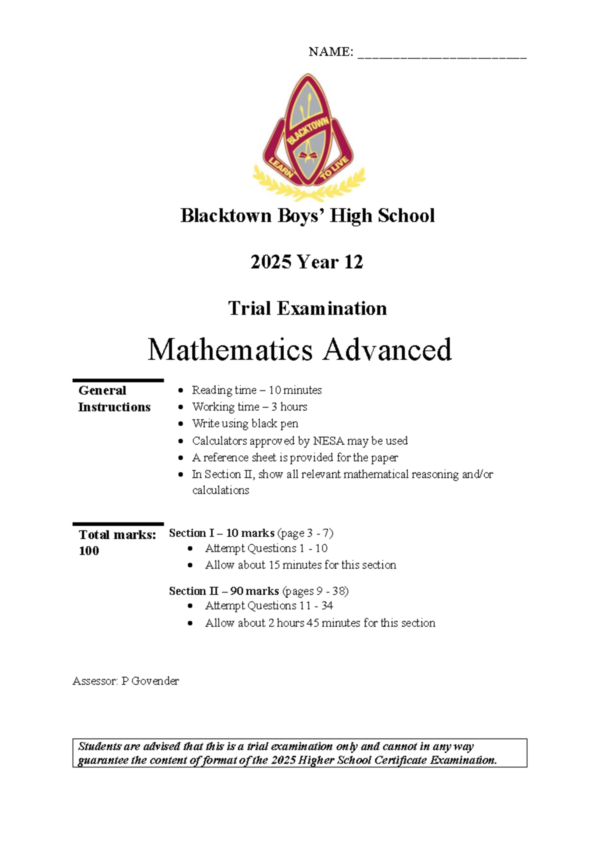 Blacktown High School 2025 Year 12 Trial Exam: Mathematics Advanced ...