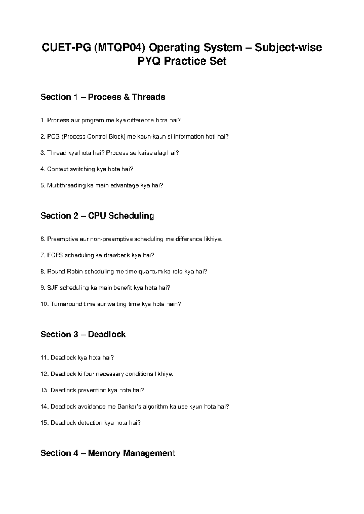 (CUET PG MTQP04) Operating System Subject Wise PYQ Practice Set - Studocu