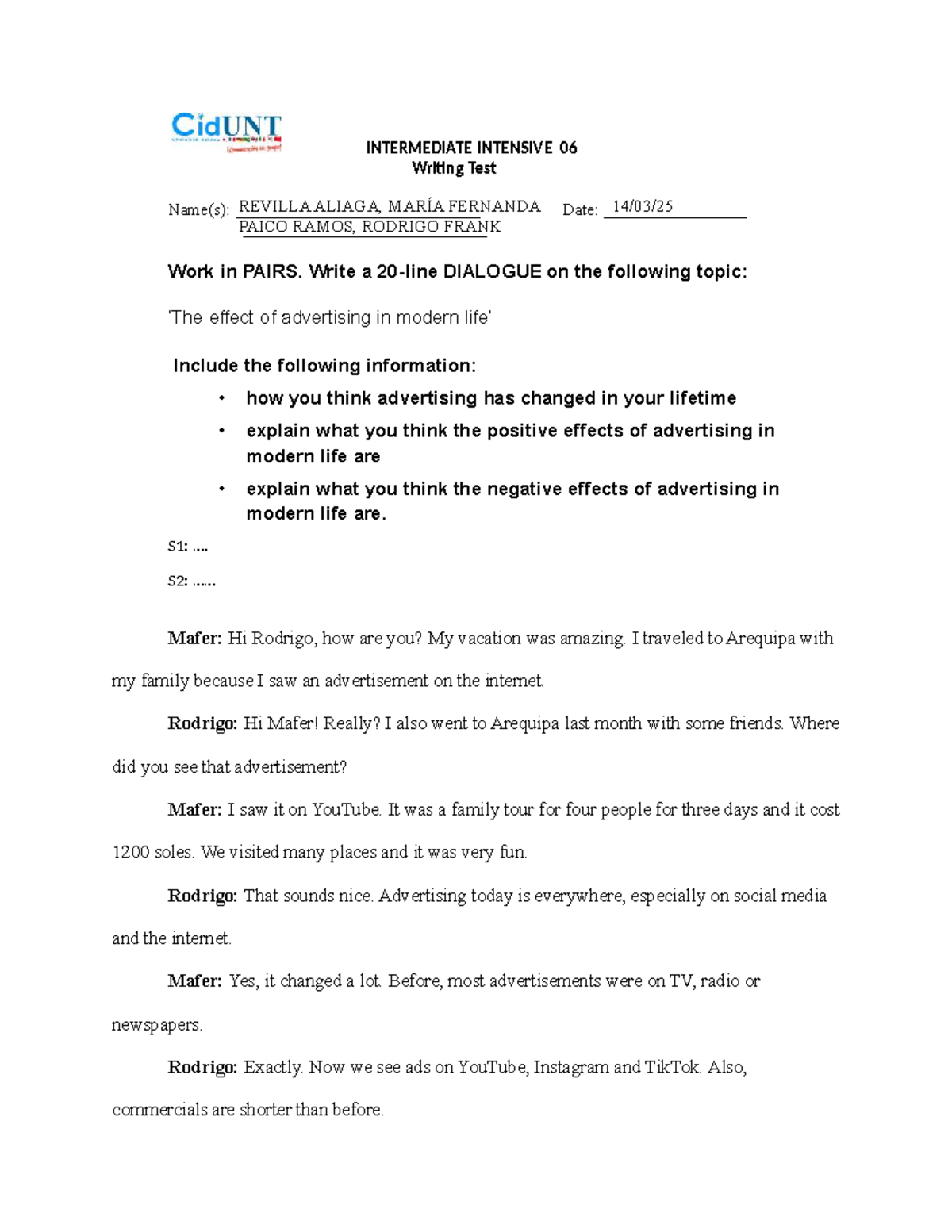INTERMEDIATE INTENSIVE II 06 Writing Test: Advertising Dialogue - Studocu