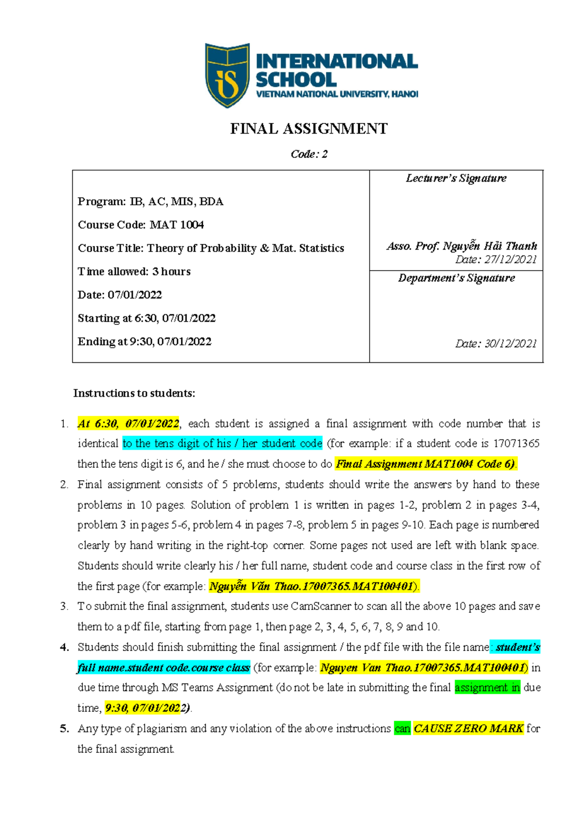 Final Assignment Instructions for MAT1004 - Probability & Statistics ...