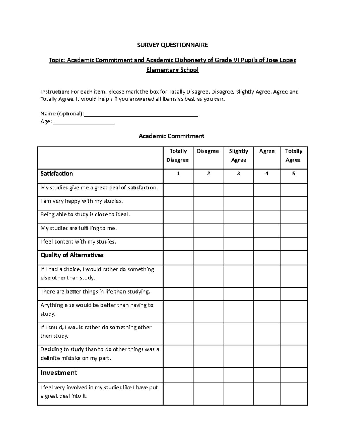 Survey Questionnaire on Academic Commitment & Dishonesty in Grade VI ...