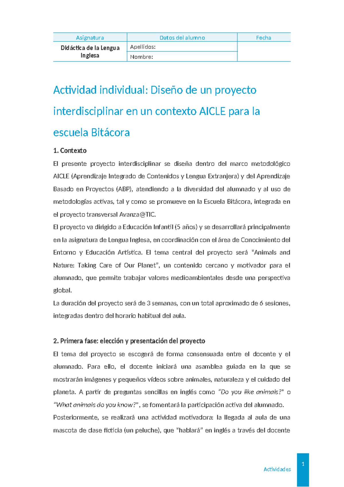Diseño de Proyecto Interdisciplinar AICLE para Educación Infantil - Studocu