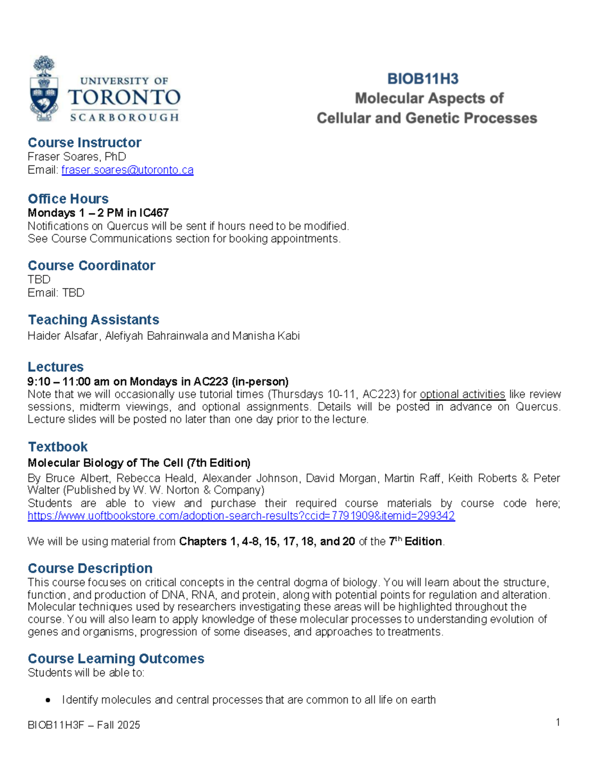 BIOB11H3F Syllabus: Molecular Biology Course Details Fall 2025 - Studocu