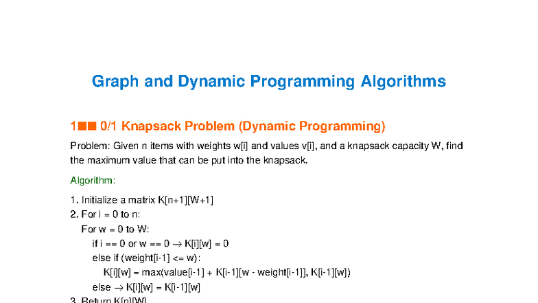 Graph and DP Algorithms: Knapsack & MST Techniques - Studocu