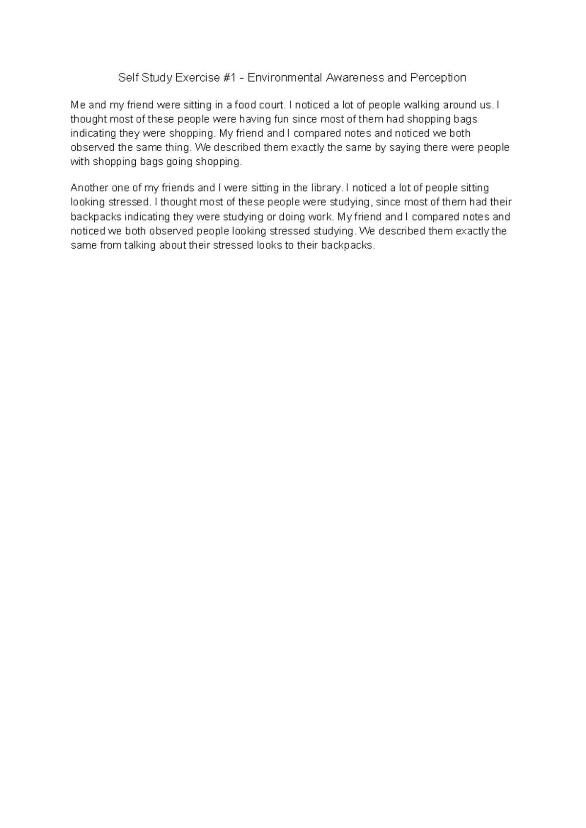 Self Study Exercise #1: Environmental Awareness & Perception - Studocu
