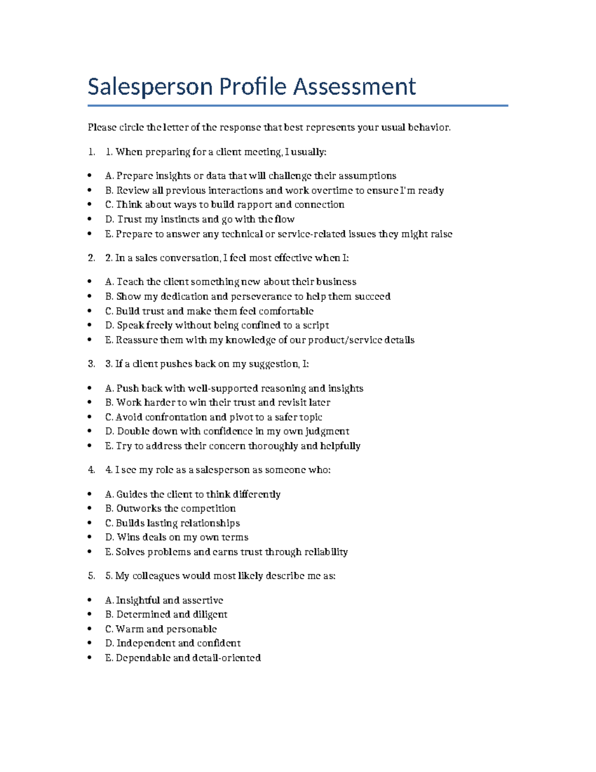 Salesperson Profile Assessment: Understanding Sales Behaviors and ...