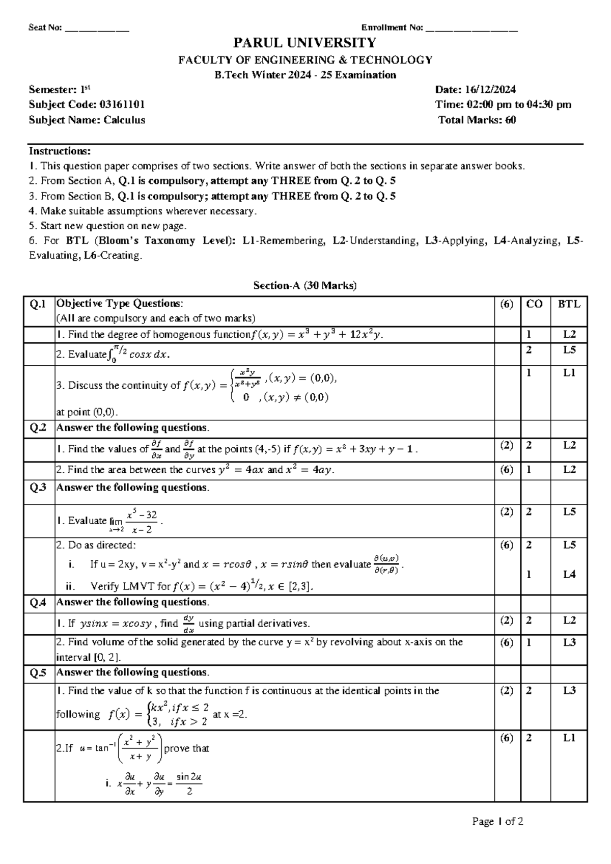 Calculus Exam Paper - B.Tech 03161101 Winter 2024 (1st Sem) - Studocu