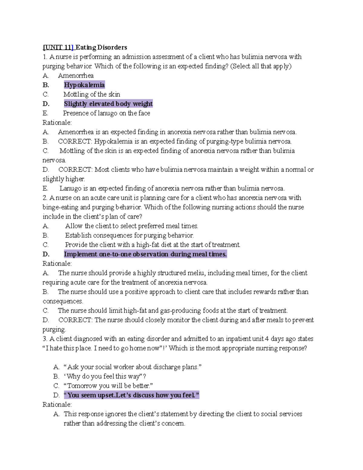 NCLEX Units 11 & 12: Key Questions on Eating Disorders - Studocu