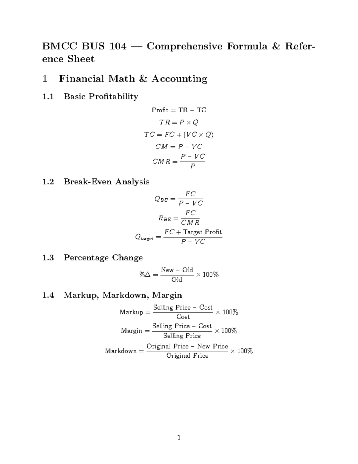 BMCC BUS 104 Financial Math Comprehensive Formula Reference Sheet - Studocu