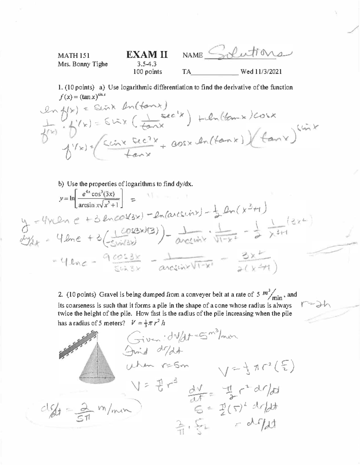 15073800 - MATH 151 Exam II Solutions and Analysis of Old Questions ...