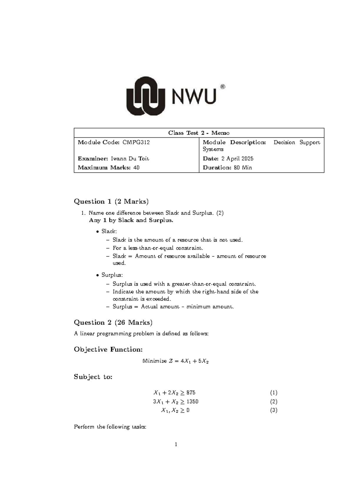 Class Test 2 Memo: CMPG312 - Systems Analysis & Decision Support - Studocu