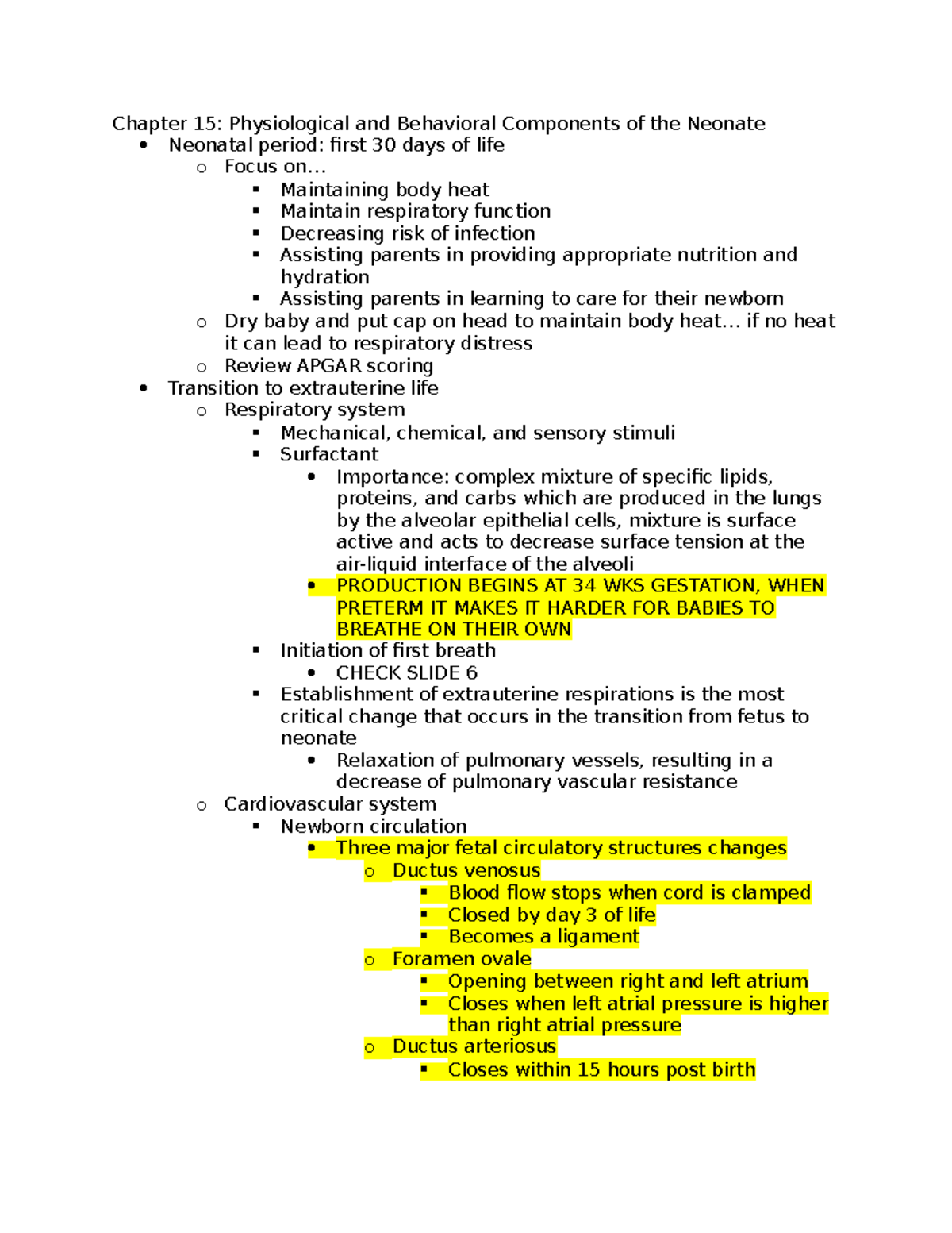 Chapter 15: Neonate Physiology & Care (NURS 101 - Week 4 Notes) - Studocu