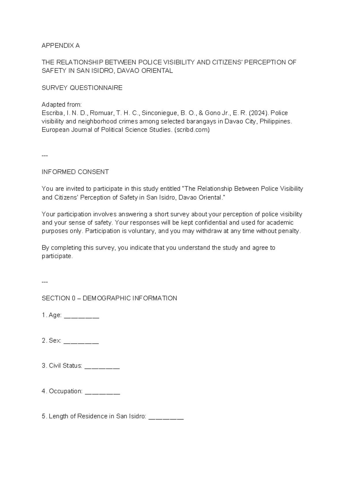 Questionnaire: Police Visibility & Perception of Safety in San Isidro ...