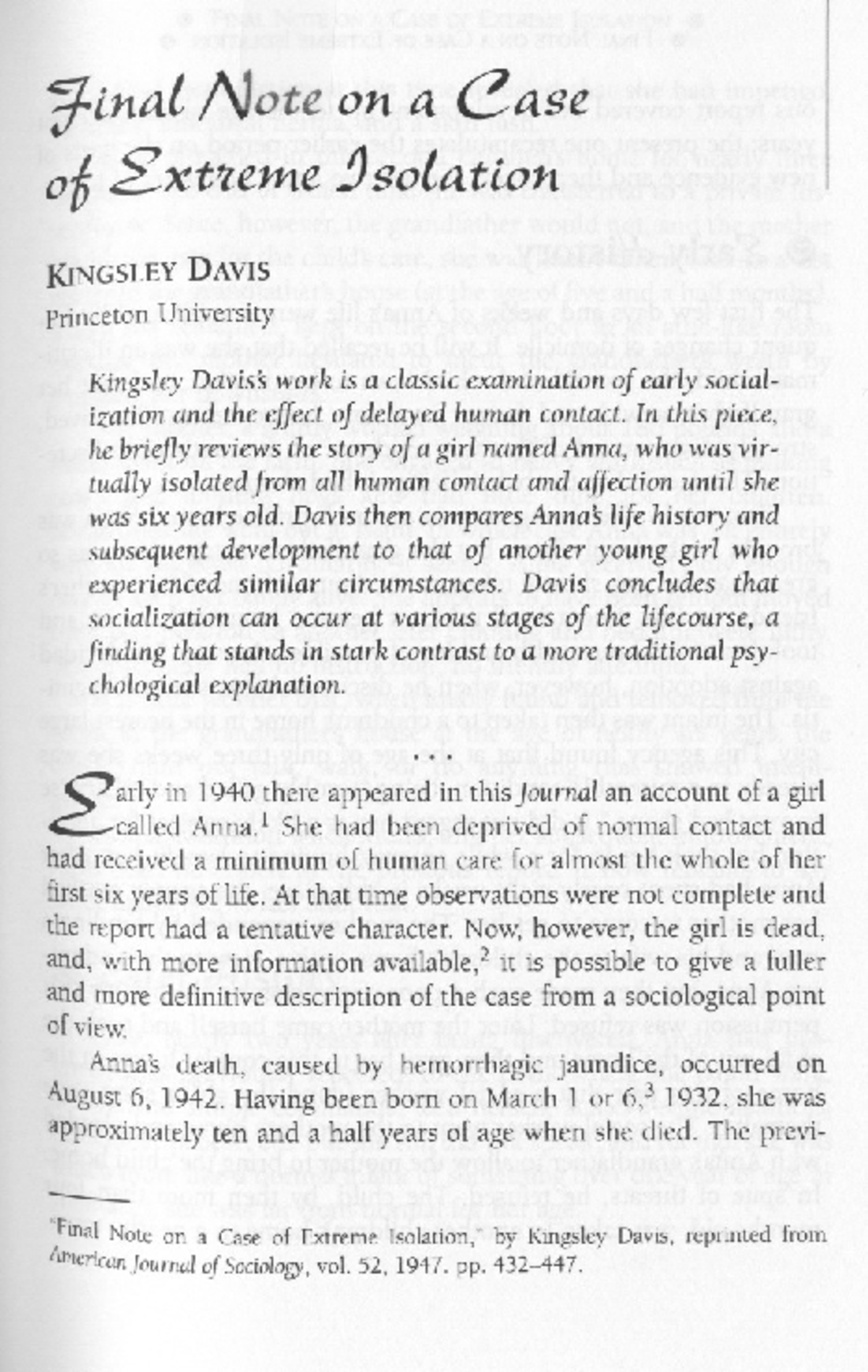 Final Case Note on Extreme Isolation: Anna by Kingsley Davis - Studocu