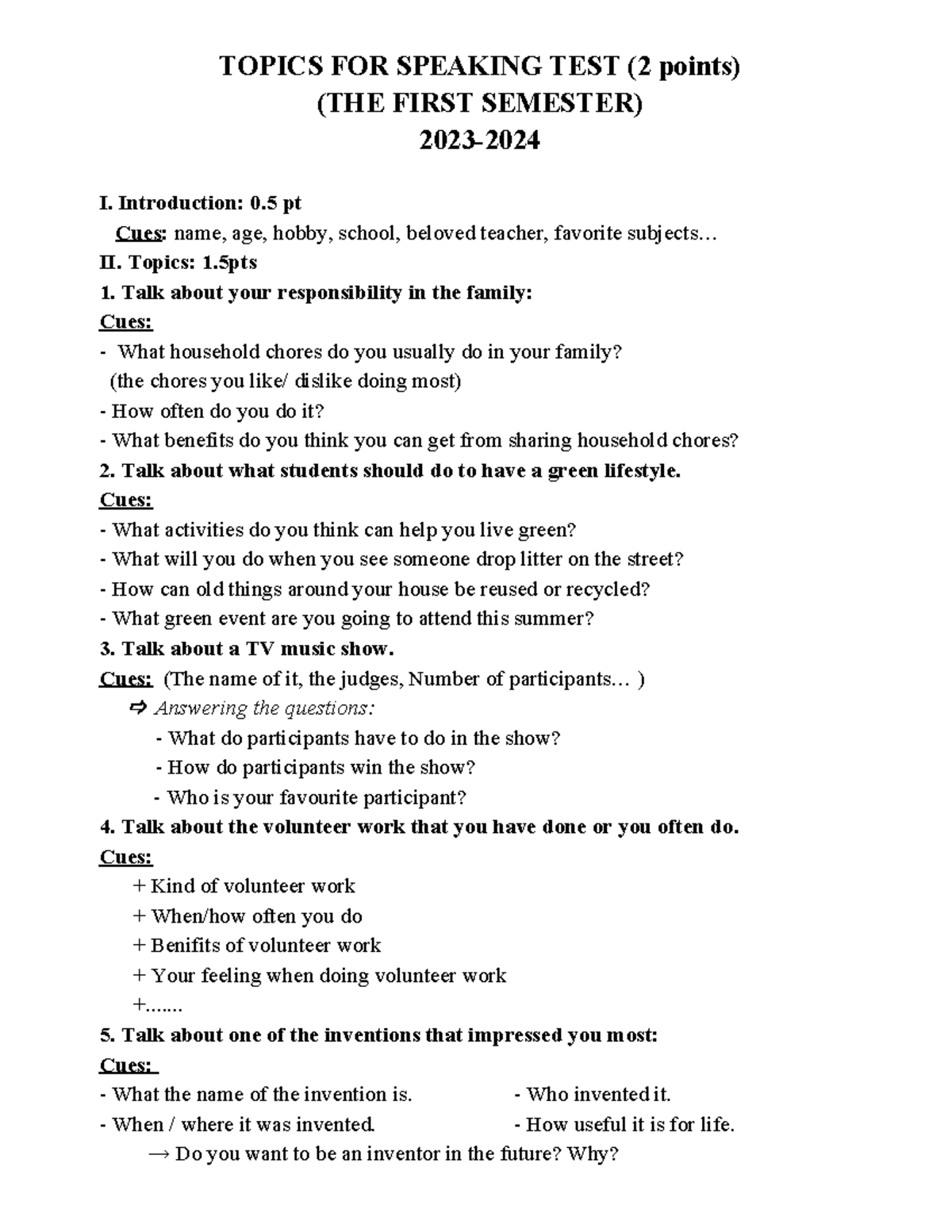 Speaking Test Topics for First Semester 2023 - 10/23/24 - Studocu