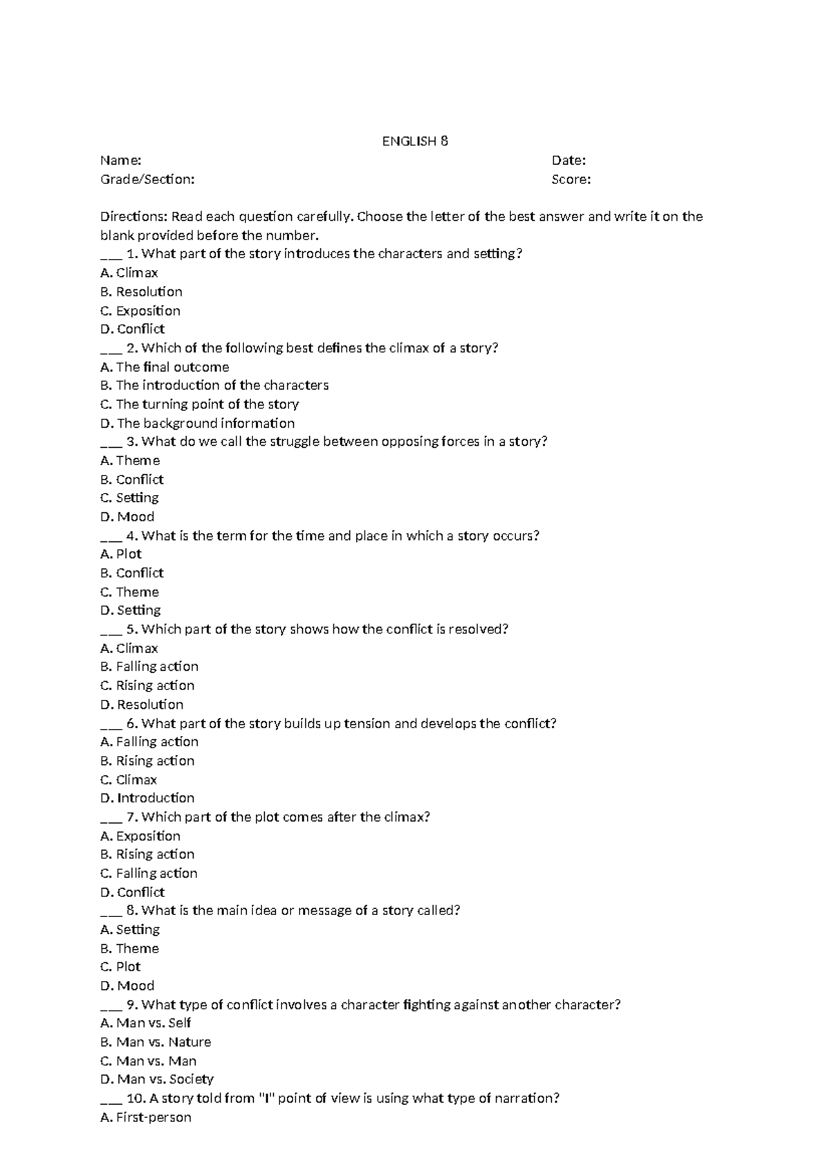 English 8 - Quiz on Story Elements and Plot Structure - Studocu