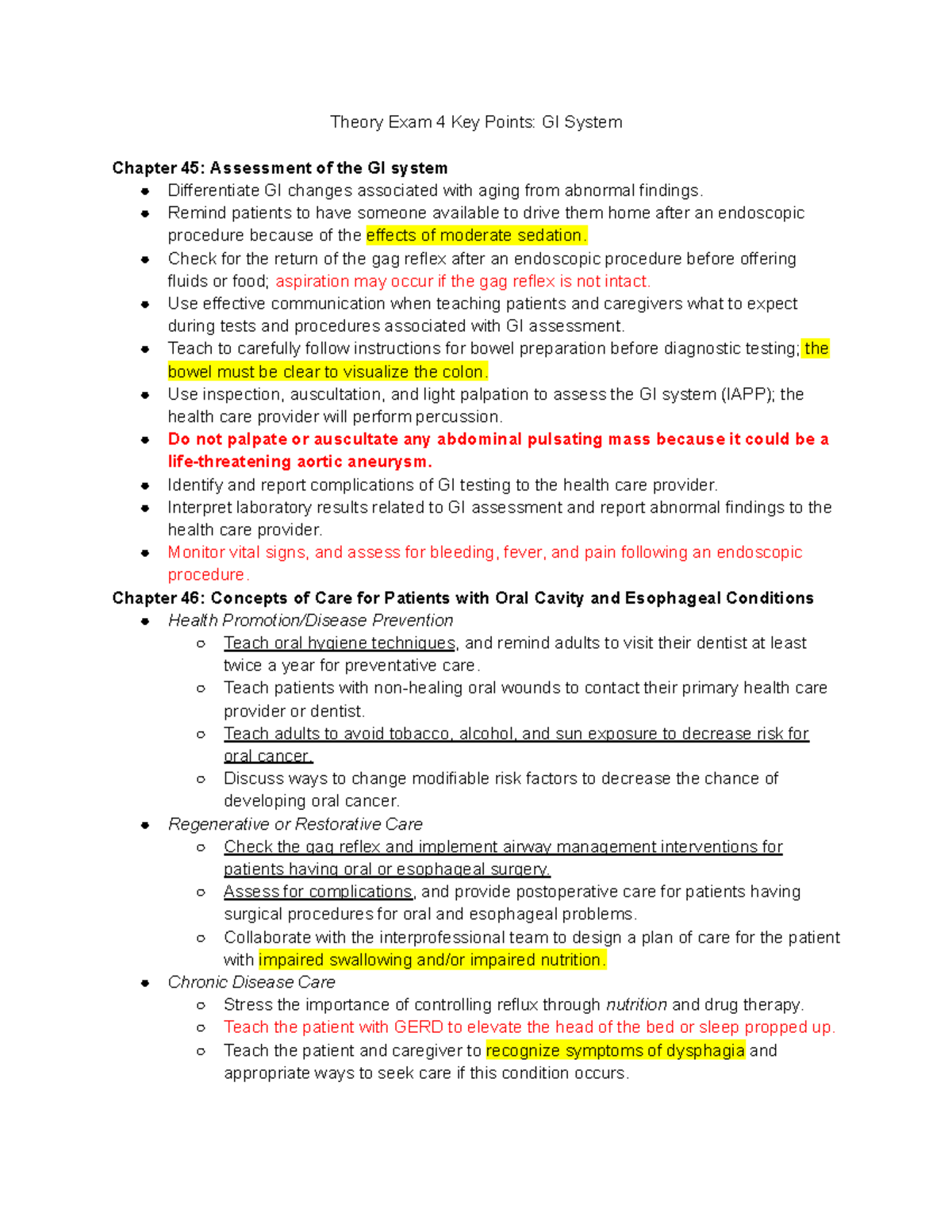 Theory Exam 4 Key Points: GI System Insights and Care Practices - Studocu