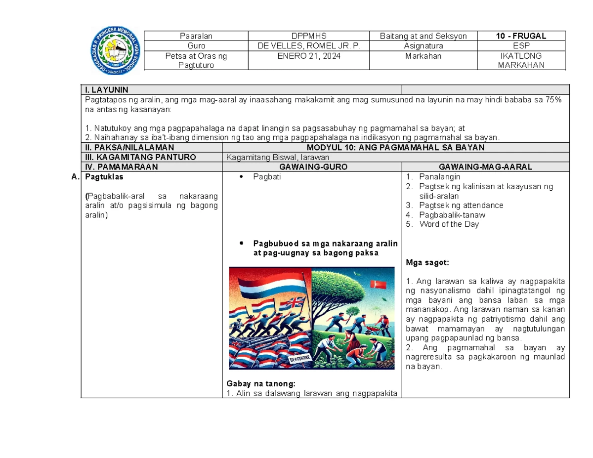 Intern - DAY 1 - Values Education - I. LAYUNIN Sa pagtatapos ng aralin ...